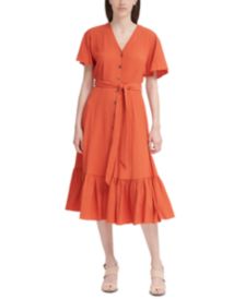 Solid Ruffled-Hem Button-Front Belted Midi Dress