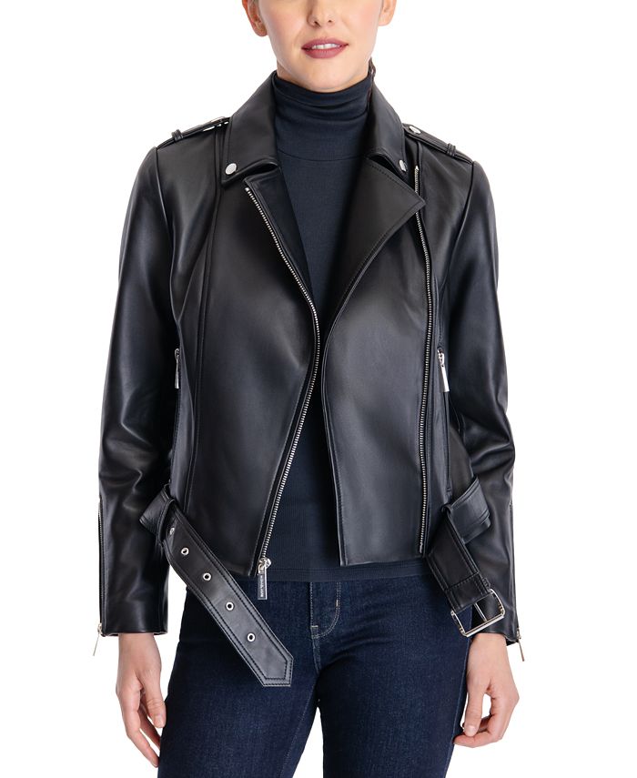 Michael Kors Women's Belted Leather Moto Coat, Created for Macy's