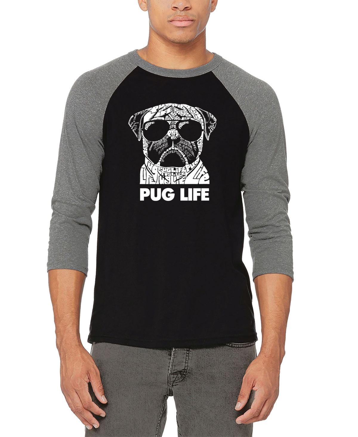 Men's Pug Life Raglan Baseball Word Art T-shirt - Gray