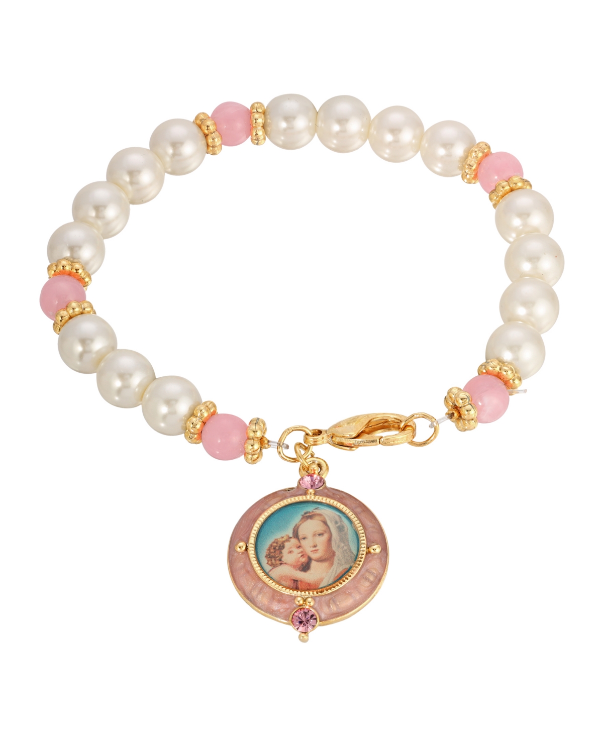 14K Gold-Dipped Imitation Pearl Mary and Child Image Charm Bracelet - Pink