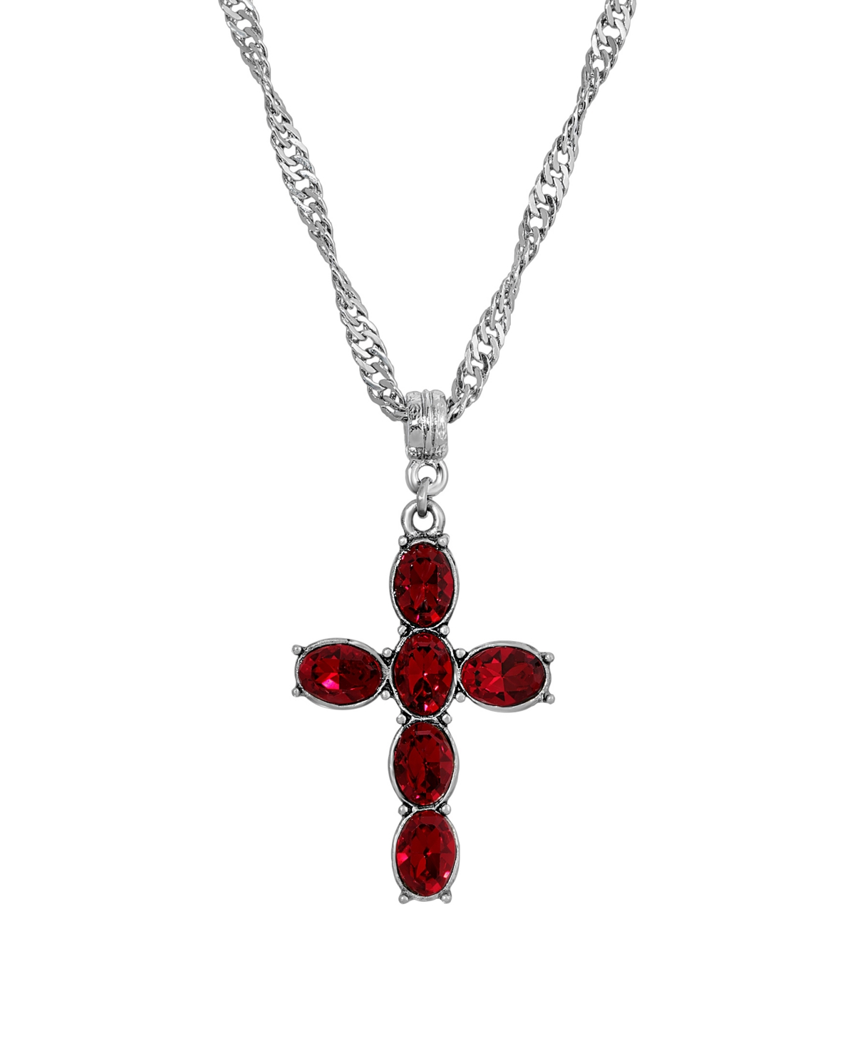 Pewter Red Crystal Cross Silver-Tone Twisted Necklace - Red