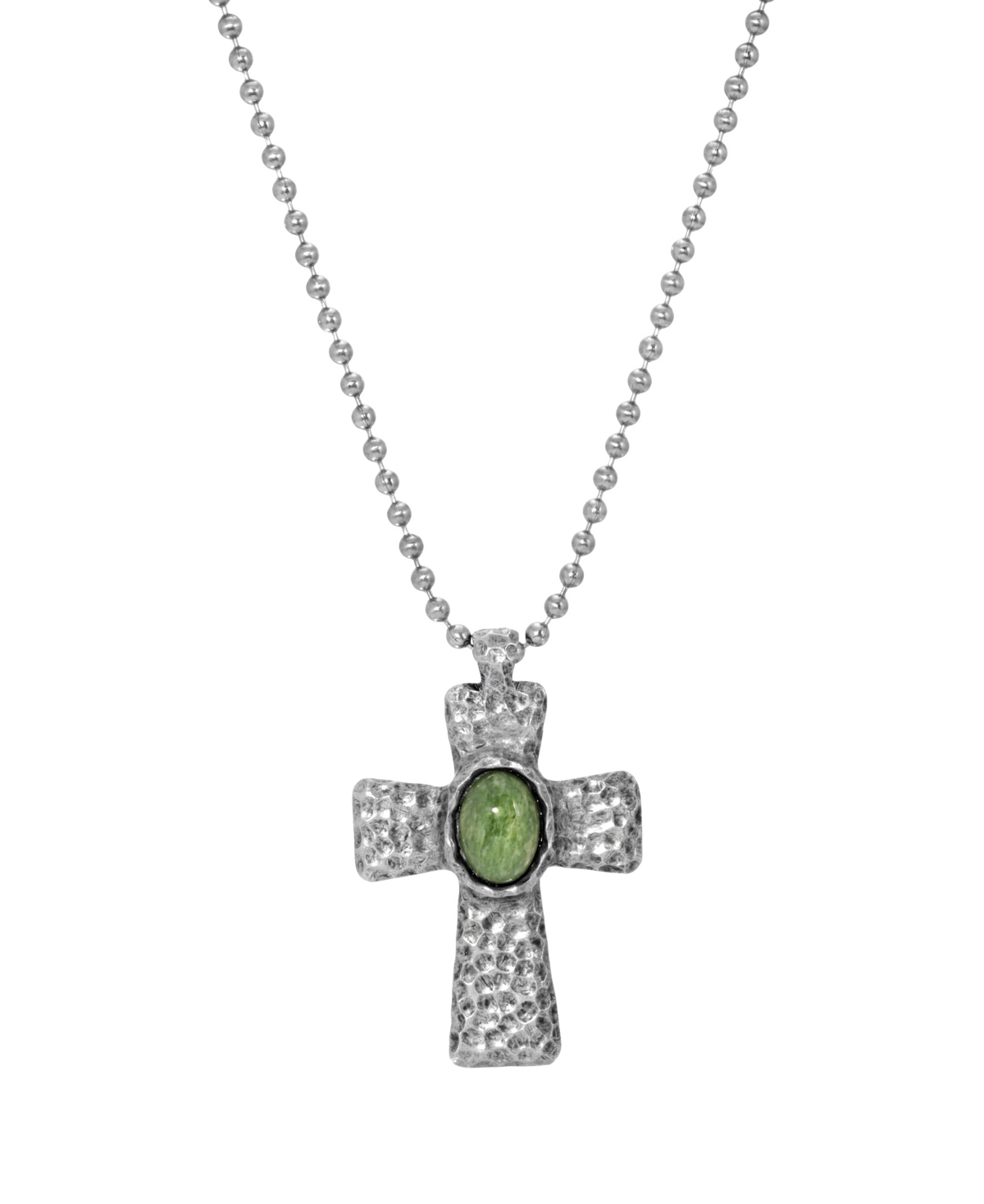 Men's Silver-Tone Green Hammered Metal Cross Necklace - Green