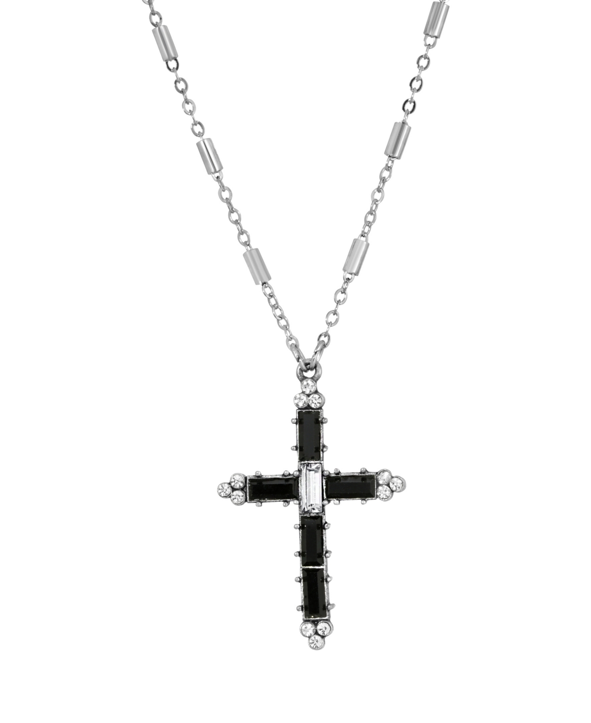Pewter Black Clear Crystal Cross Necklace - Black