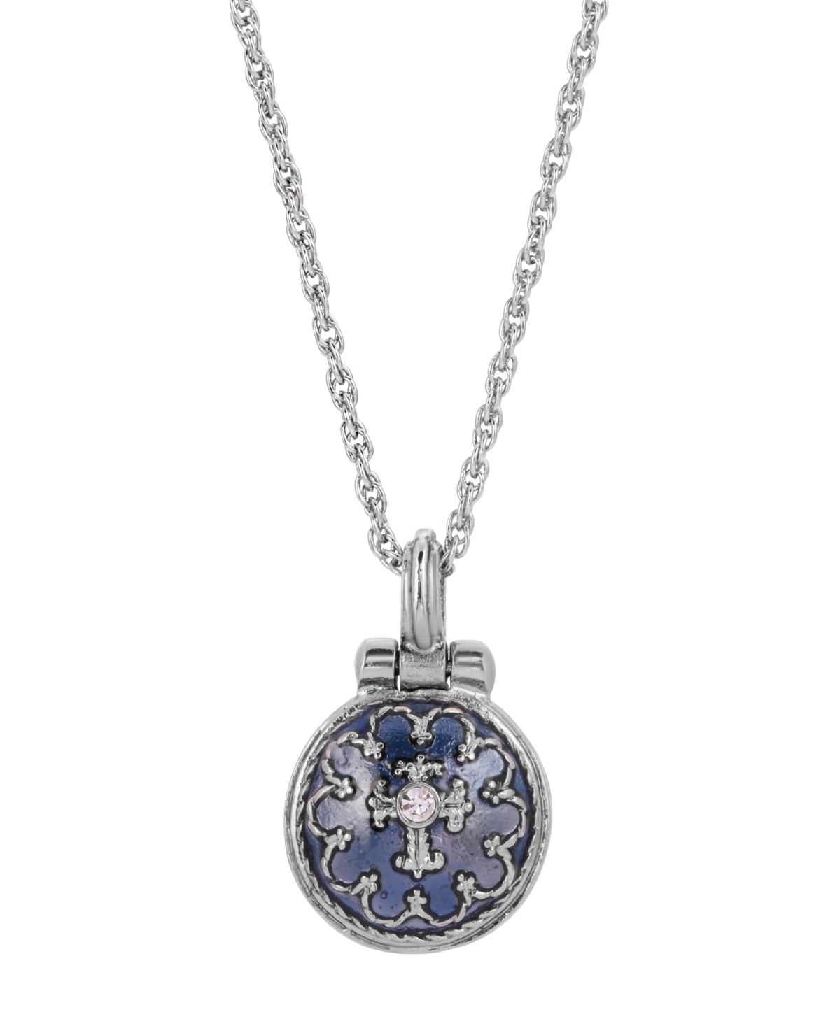 Silver-Tone Blue Enamel Cross Pendant Enclosed Virgin Mary Necklace - Blue