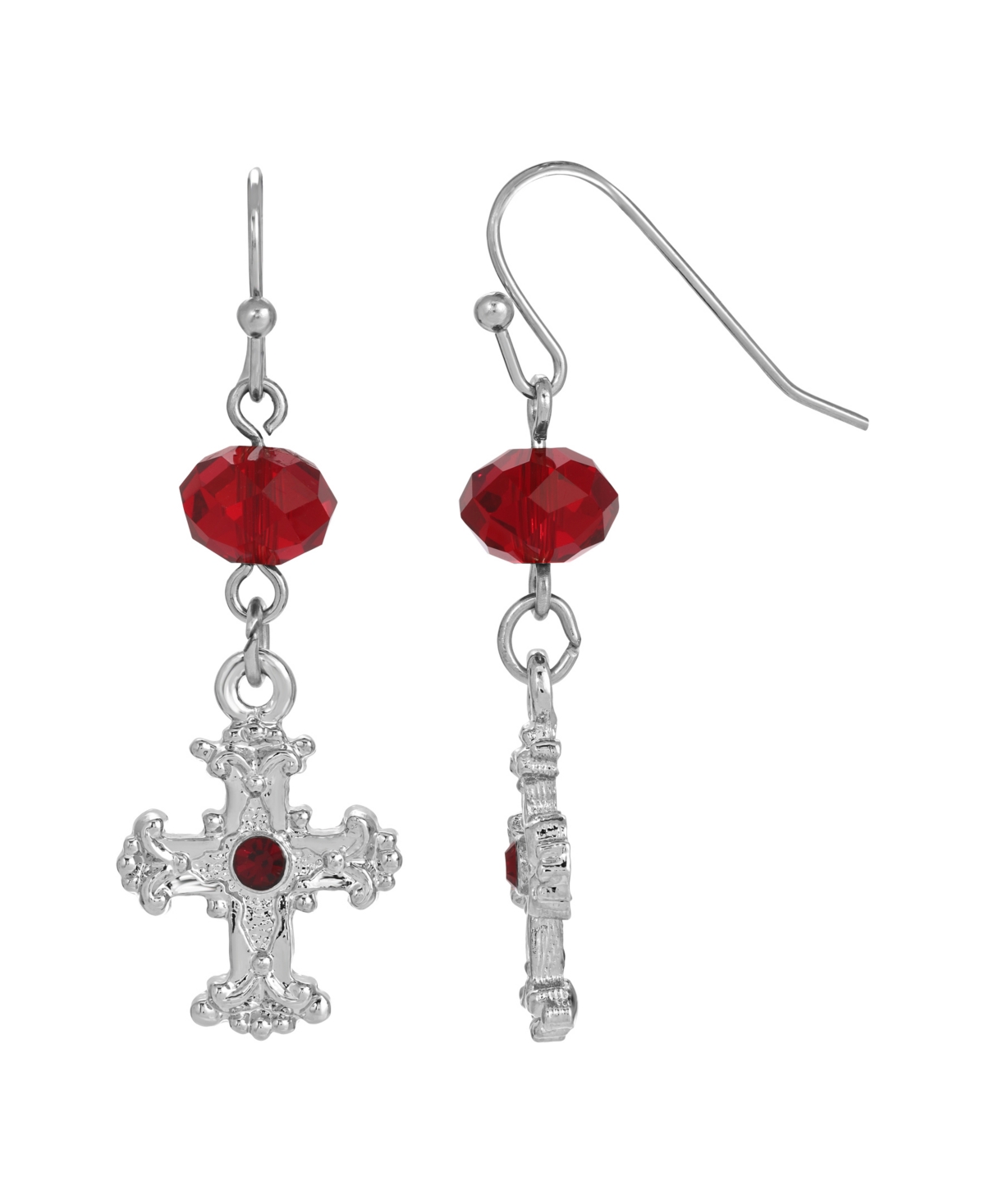 Silver-Tone Red Crystal Cross Drop Earrings - Red