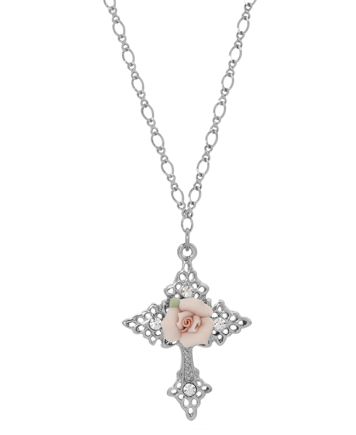 Silver-Tone Crystal Porcelain Rose Cross Pendant Necklace - Pink