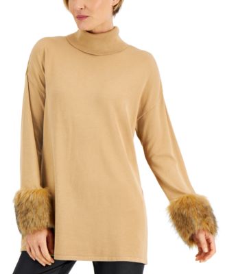 Faux-Fur-Cuff Tunic Sweater 