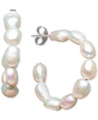 Macy's - Cultured Freshwater Baroque Pearl (5-1/2 -6mm) Medium Hoop Earrings in Sterling Silver, 1.125"
