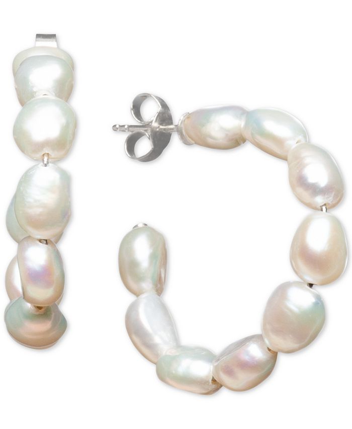 Macy's Cultured Freshwater Baroque Pearl (5-1/2 -6mm) Medium Hoop Earrings in Sterling Silver