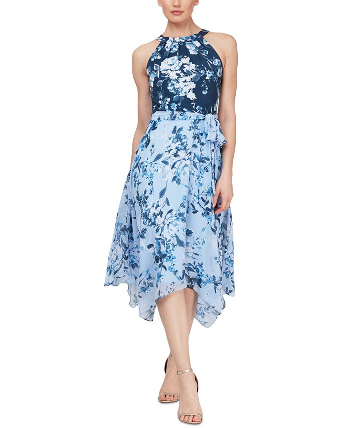 SL Fashions Floral-Print Pleat-Neck Asymmetrical-Hem Side-Tie Dress ...