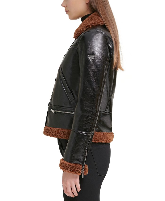 GUESS Faux-Leather Fleece-Trim Coat & Reviews - Coats & Jackets - Women ...