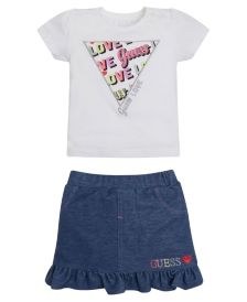 Baby Girls Foil Print and Embroidered T-shirt with Knit Denim Skirt Set