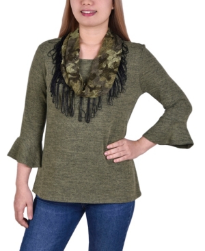 Women's 3/4 Sleeve Top with Detachable Fringed Scarf