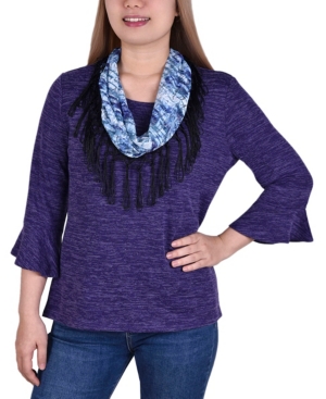 Women's 3/4 Sleeve Top with Detachable Fringed Scarf
