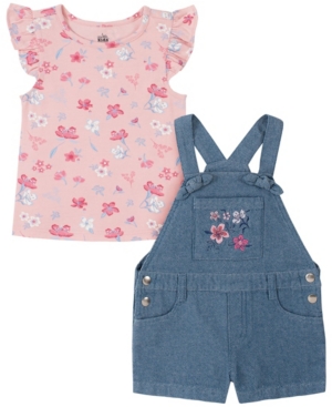 Kids Headquarters Toddler Girls 2-Piece Light Wash Chambray Shortall and Floral T-shirt Set