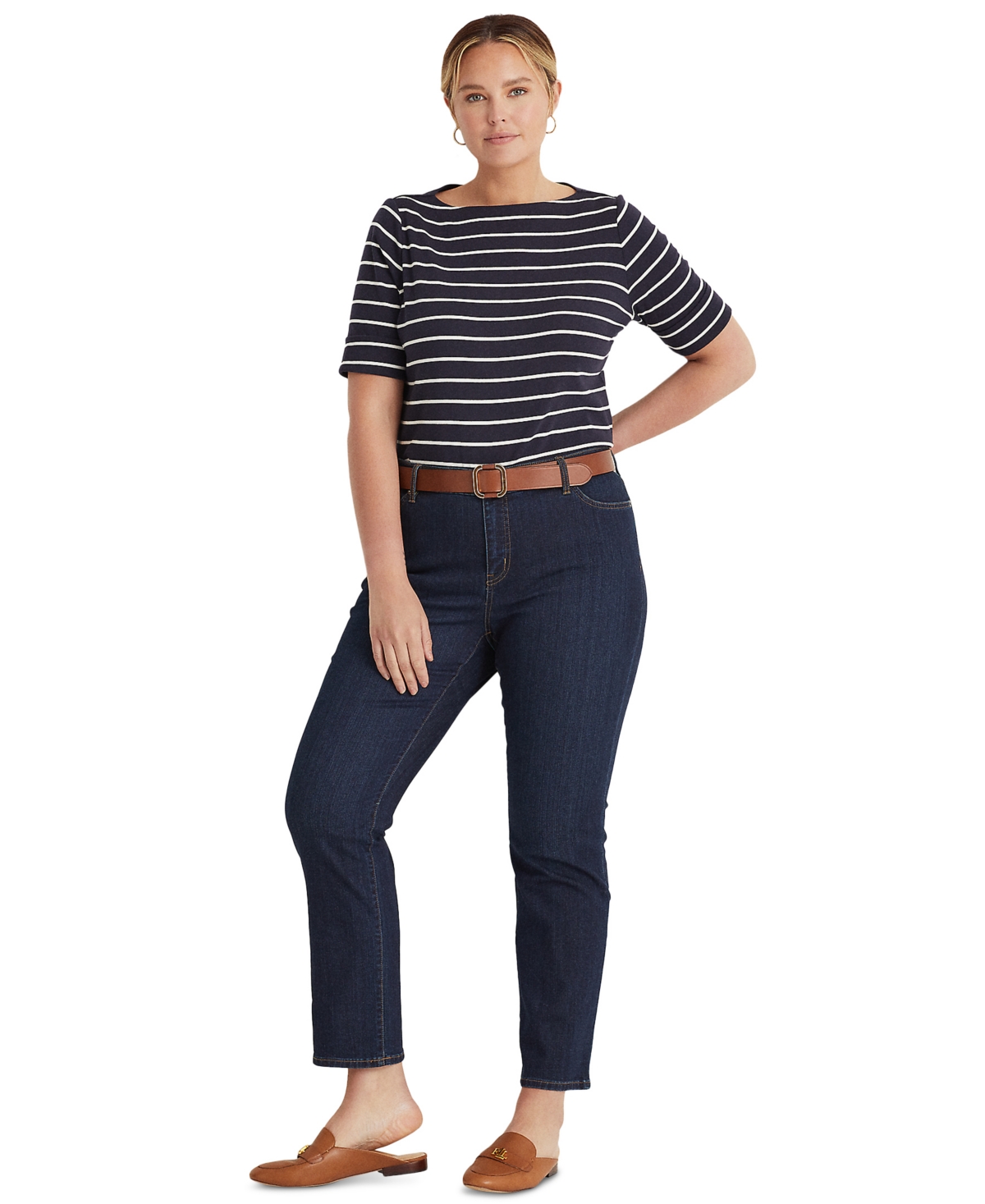 Lauren Ralph Lauren Plus Size Striped Cotton Boatneck T-Shirt -White