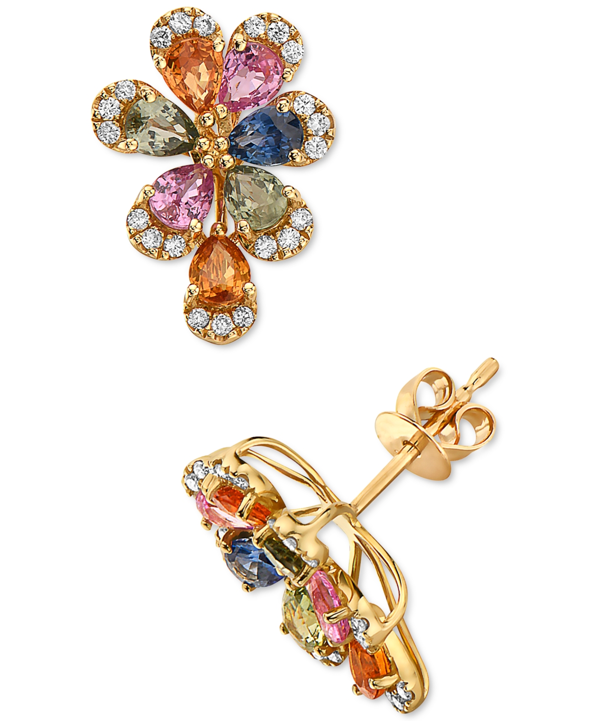 Effy Multi-Sapphire (2-1/2 ct. t.w.) & Diamond (1/5 ct. t.w.) Flower Stud Earrings in 14k Gold - Multi