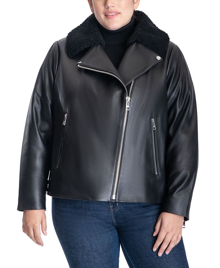 Michael Kors Plus Size Faux-Fur Collar Moto Leather Macy's