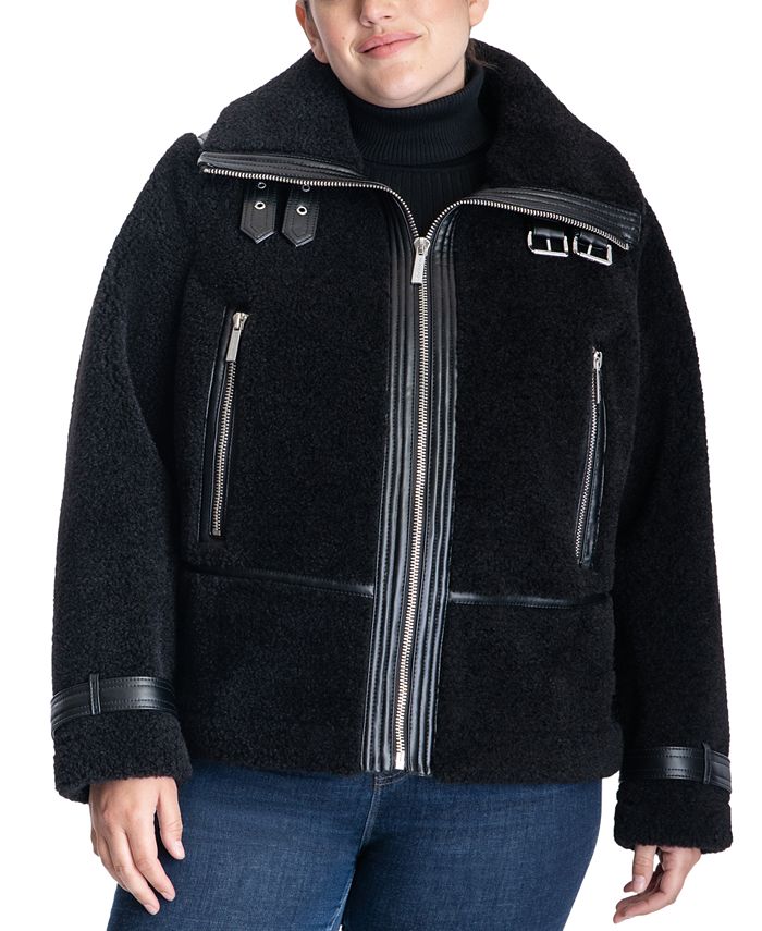 Michael Kors Women's Plus Size Faux-Shearling Moto Coat - Macy's