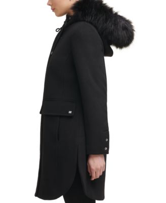 calvin klein hooded coat with faux fur trim