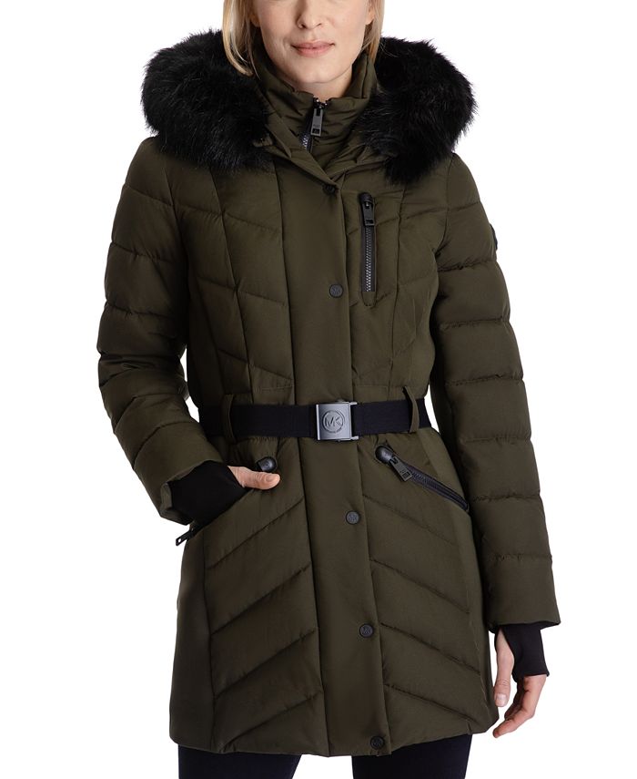 Belted Faux Fur Trim Hooded Puffer Coat, Michael Kors Women S Belted Faux Fur Trim Hooded Puffer Coat