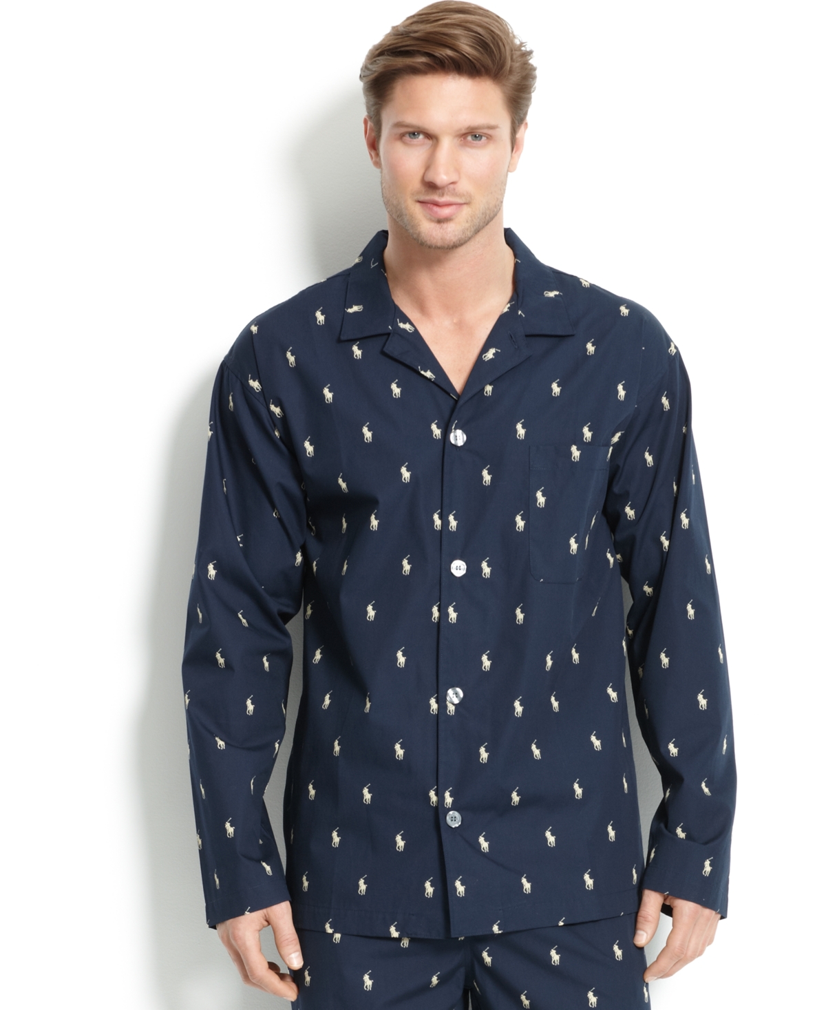 Shop Polo Ralph Lauren Men's All Over Polo Player Pajama Shirt In Navy,white
