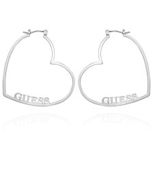 Silver-tone Flat Edge Heart Hoop With Guess Logo