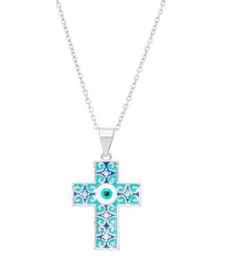 Macy's - Enamel Cubic Zirconia Evil Eye Cross Pendant Necklace in Fine Silver Plate