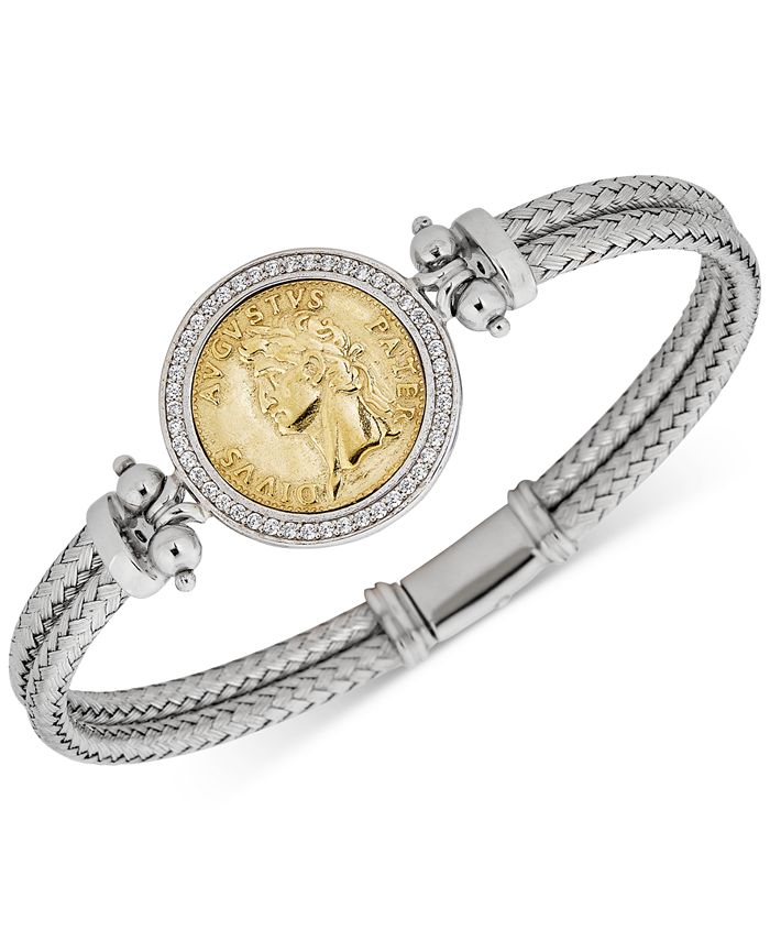 Macy's - Diamond Halo Coin Bracelet (1/4 ct. t.w.) in Sterling Silver & 14k Gold-Plate