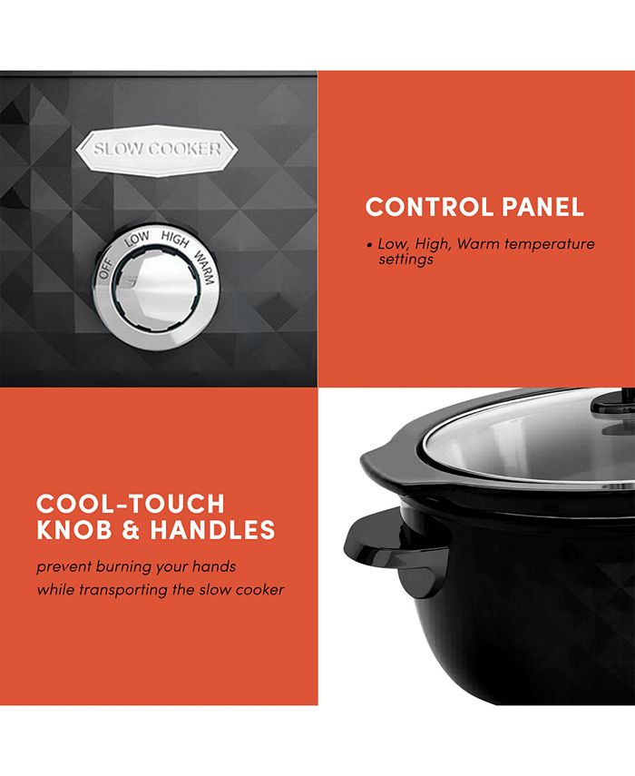 Elite Gourmet 6Qt Diamond Slow Cooker with Glass Lid, Adjustable