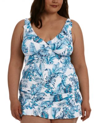 La Blanca - Plus Size Tranquility Palm Ruffled Tankini Top