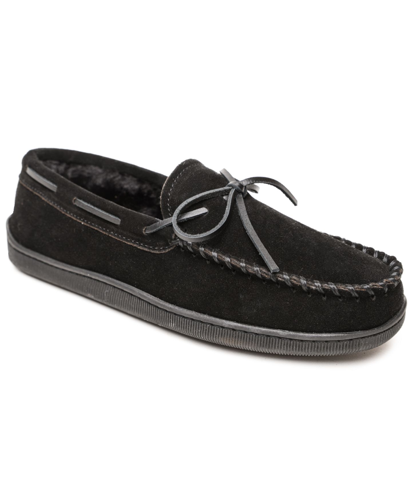 Мужские домашние тапочки Minnetonka с жёсткой подошвой и меховой подкладкой, цвет: Чёрный — фото 1