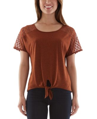 BCX Juniors' Tie-Front Lace-Shoulder Top - Macy's