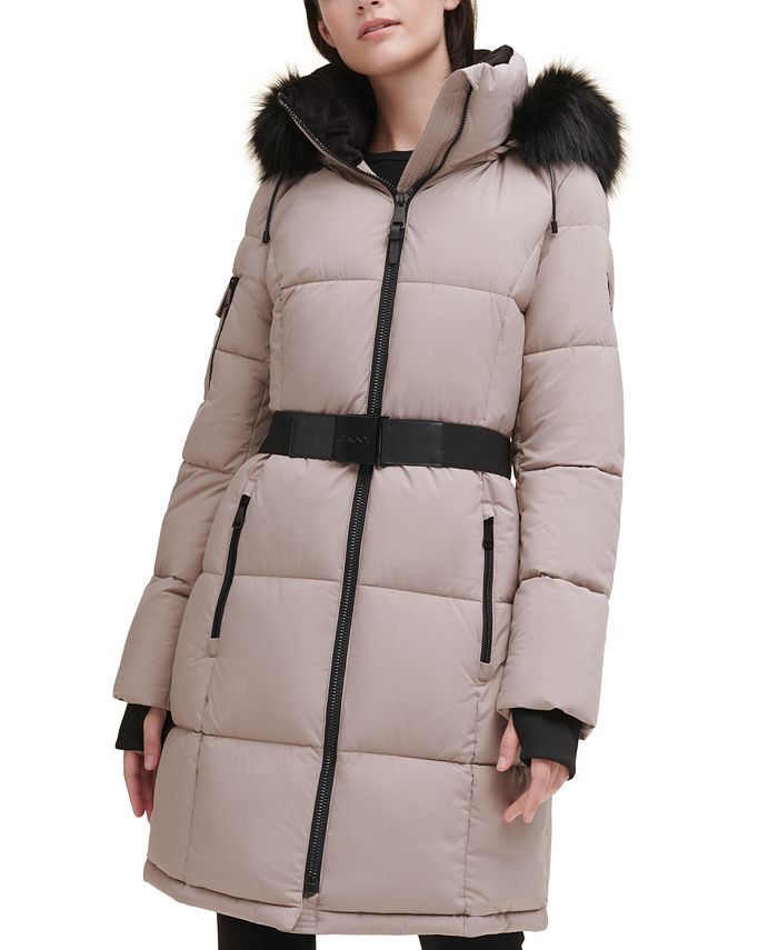 DKNY Belted Faux-Fur-Trim Hooded Puffer Coat & Reviews - Coats ...