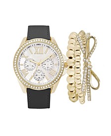 Women's Analog Black Strap Watch 38mm with Bow Stackable Bracelets Cubic Zirconia Gift Set