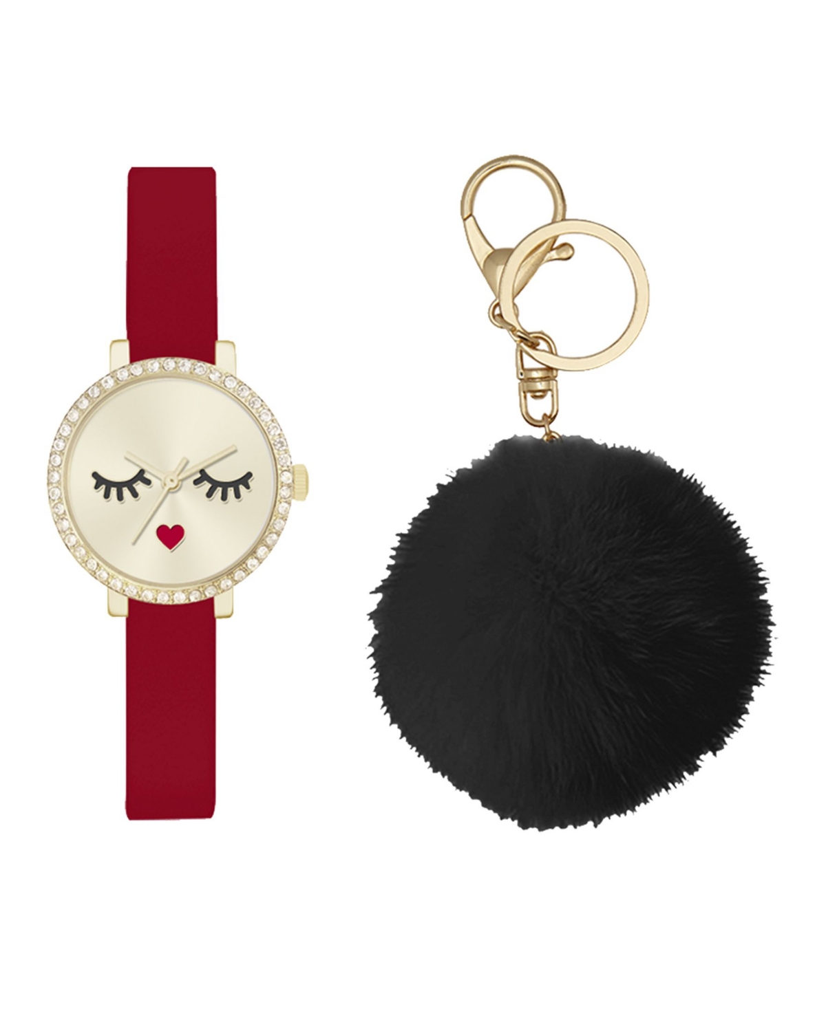 Women's Analog Red Strap Glam Watch 28mm with Black Fluff Ball Key Chain Cubic Zirconia Gift Set - Red