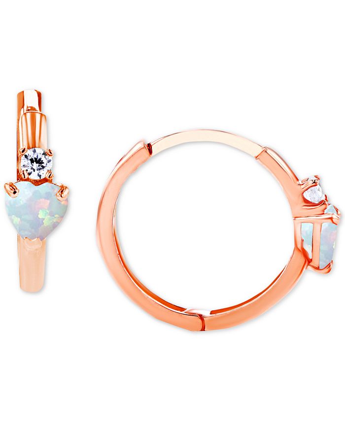 Macy's - Lab-Created Opal (1/5 ct. t.w.) & Lab-Created White Sapphire (1/10 ct. t.w.) Heart Small Hoop Earrings, 0.5"