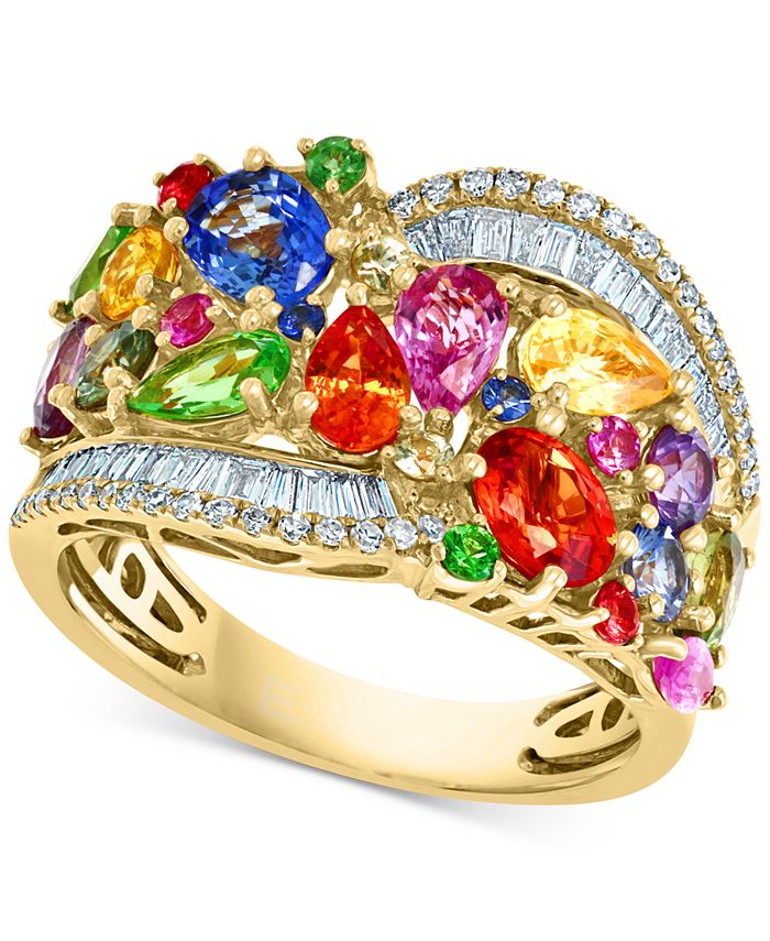 EFFY Collection - Multi-Sapphire (3-1/2 ct. t.w.) & Diamond (1/3 ct. t.w.) Cluster Statement Ring in 14k Gold