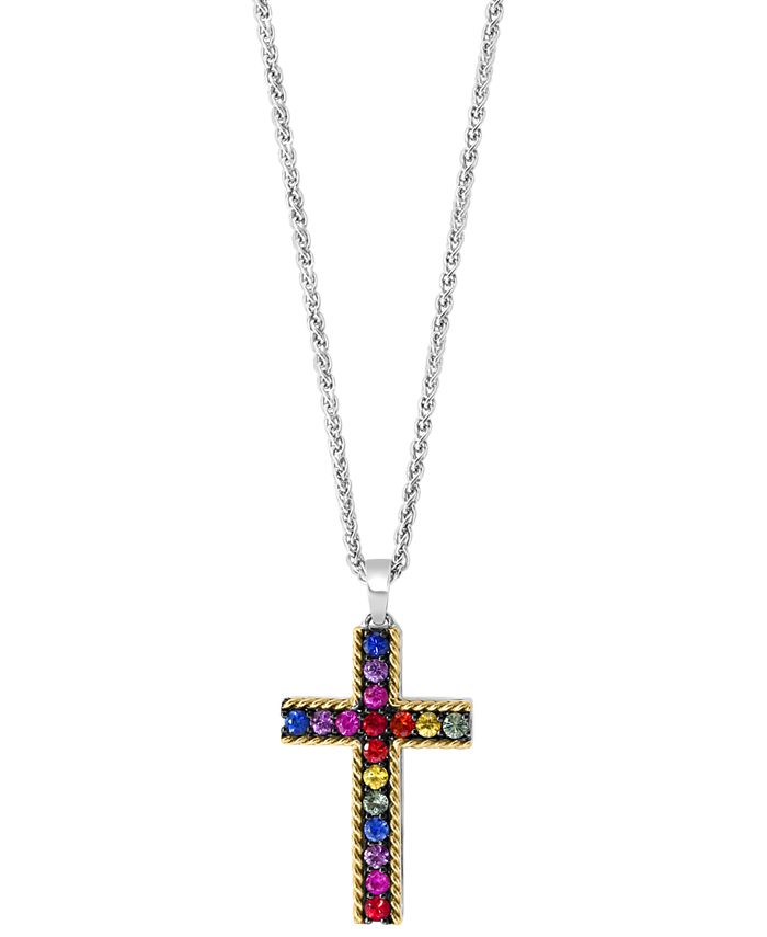 EFFY Collection - Multi-Sapphire Cross 16" Pendant Necklace (1-3/8 ct. t.w.) in Sterling Silver & 18k Gold