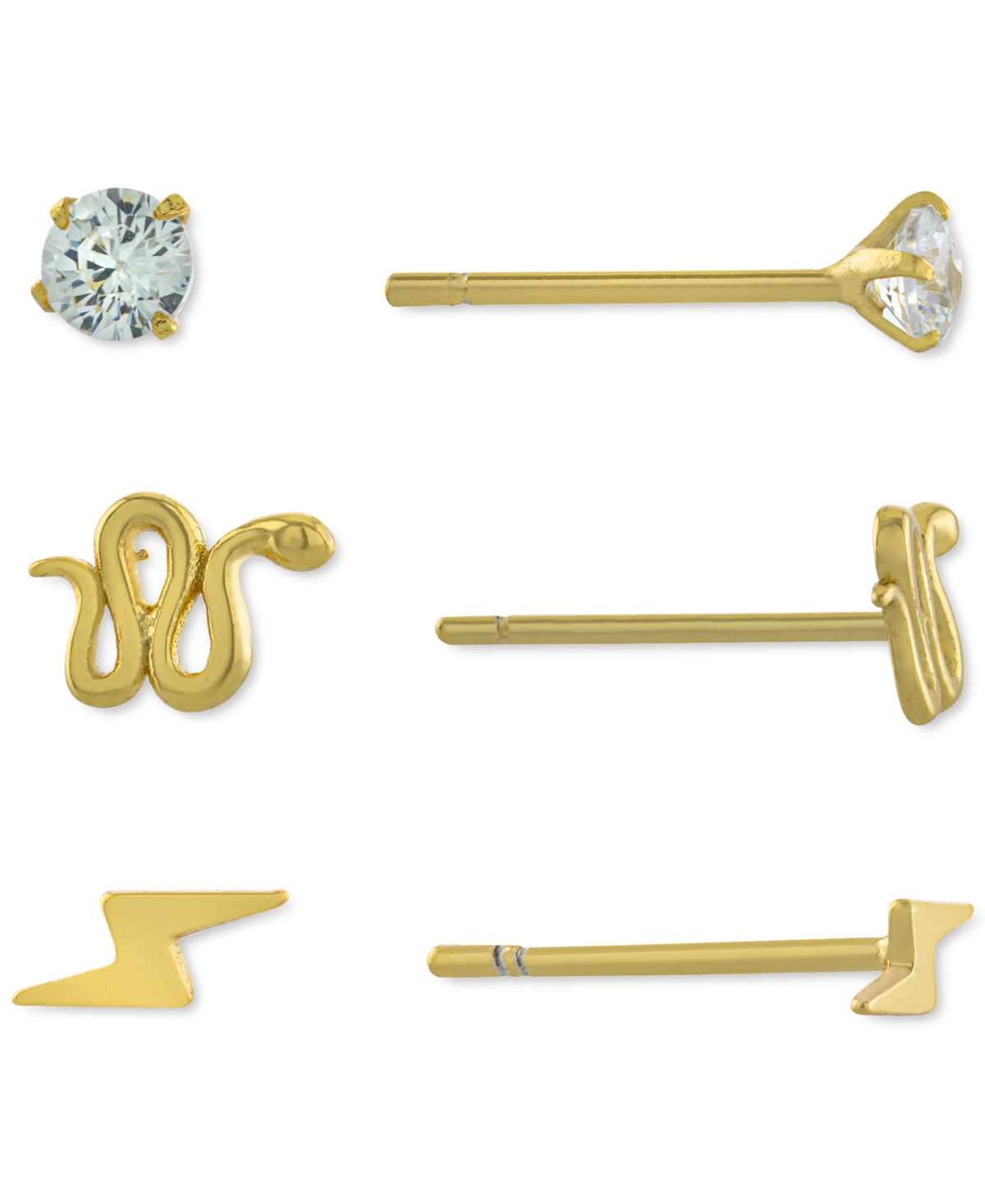 3-Pc. Set Cubic Zirconia, Snake, & Lightening Bolt Stud Earrings in Gold-Plated Sterling Silver, Created for Macy's - Yellow