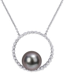 Black Cultured Tahitian Pearl (9-1/2mm) Circle 17" Pendant Necklace in 10k White Gold