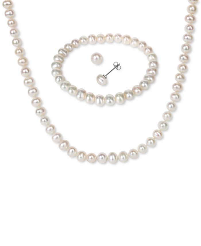 3-Pc. Set Cultured Freshwater Pearl (6-7mm) Bracelet, Necklace & Stud