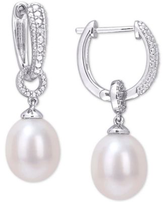 Macy's Cultured Freshwater Pearl (8mm) & Diamond Accent Dangle Hoop ...