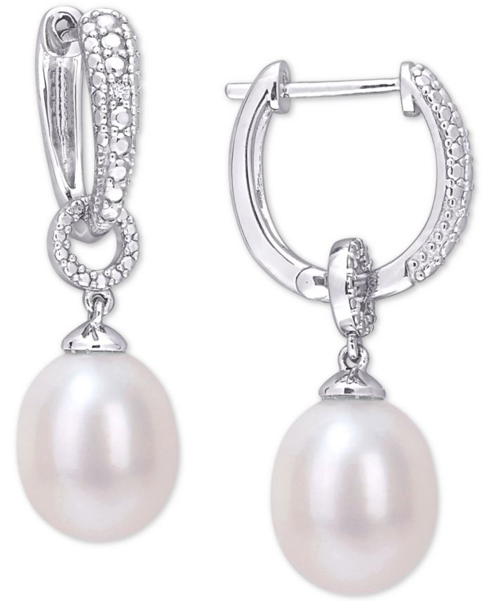 Cultured Freshwater Pearl (8mm) & Diamond Accent Dangle Hoop Drop