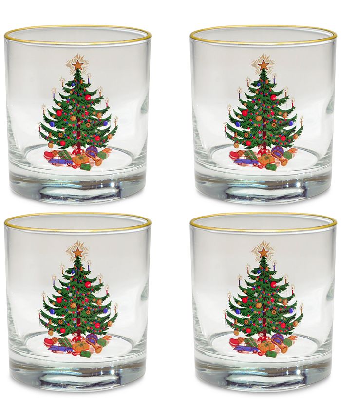 Set of 4 Christmas Tree 12 Oz. Wine Glasses With Gold Trim by