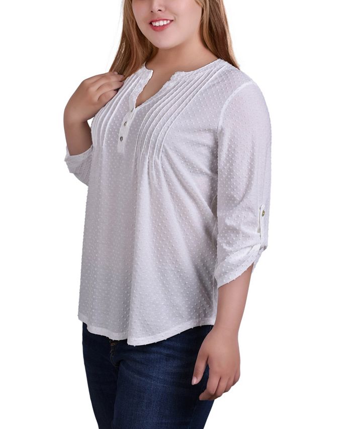 NY Collection Plus Size 3/4 Tab Sleeve Y-Neck Blouse - Macy's