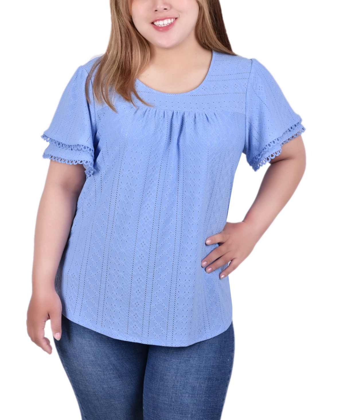 Plus Size Double Flutter Sleeve Knit Eyelet Top - Vista Blue