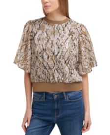 Mixed-Media Printed Flutter-Sleeve Top