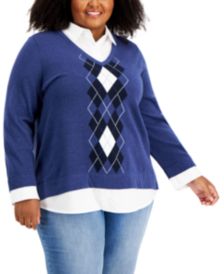 Plus Size Cotton Argyle Layered-Look Sweater