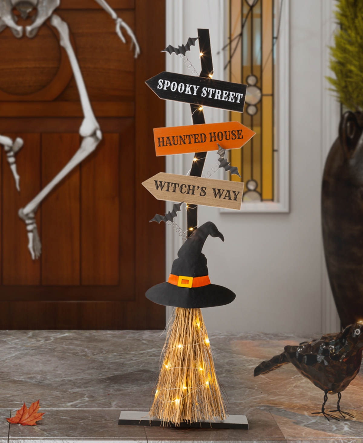 42" H Lighted Wooden Witch's Broom Porch Decor - Multi